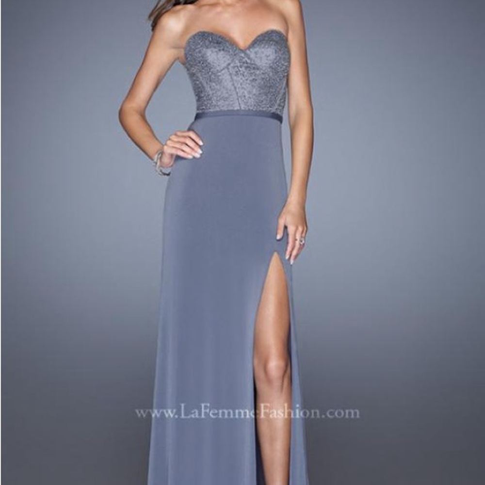 La Femme Strapless Blue Prom Dress